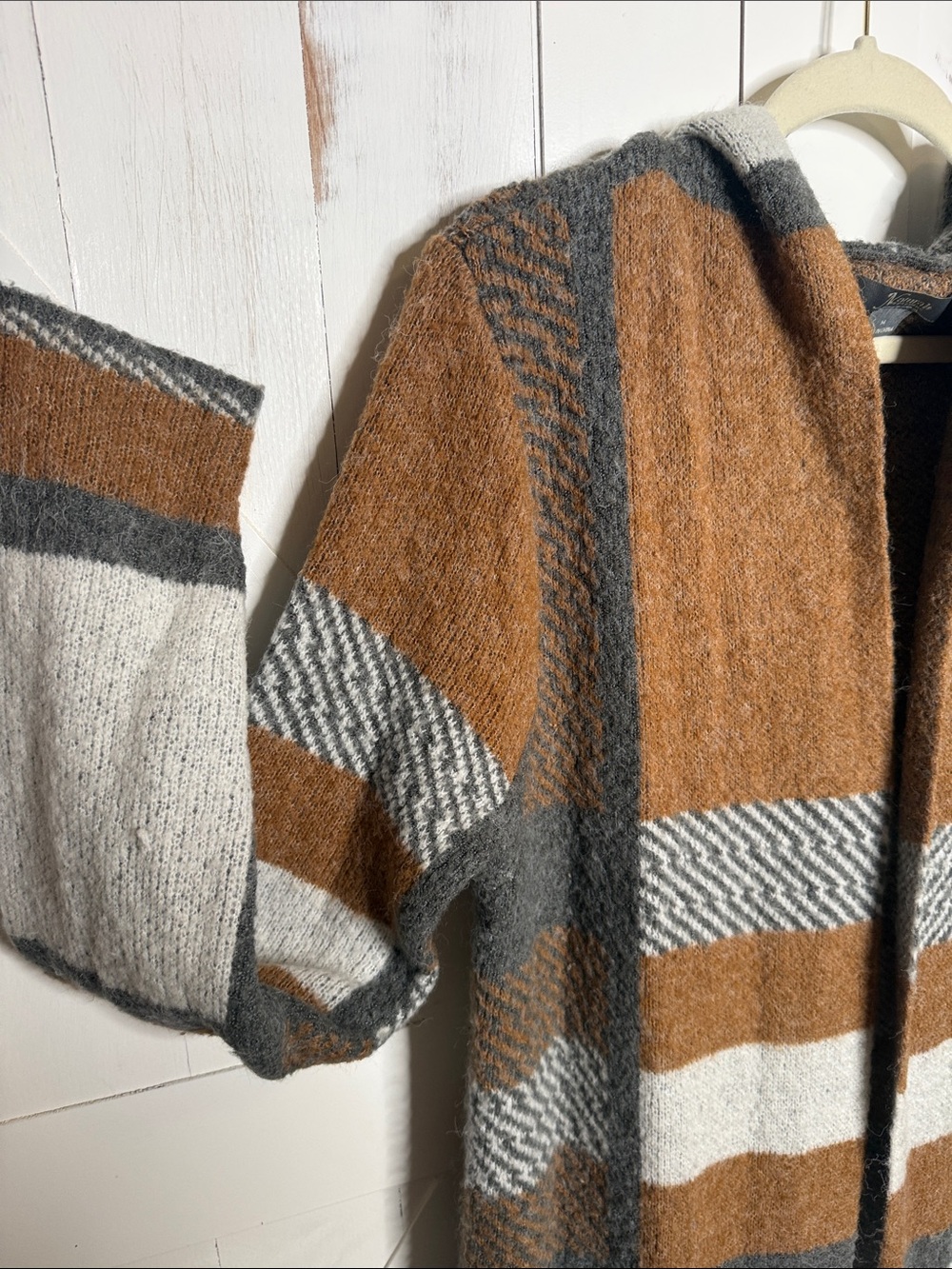Natural Reflections Hooded Open-Front Cardigan in Brown, Gray & Cream - Picture 4 of 13